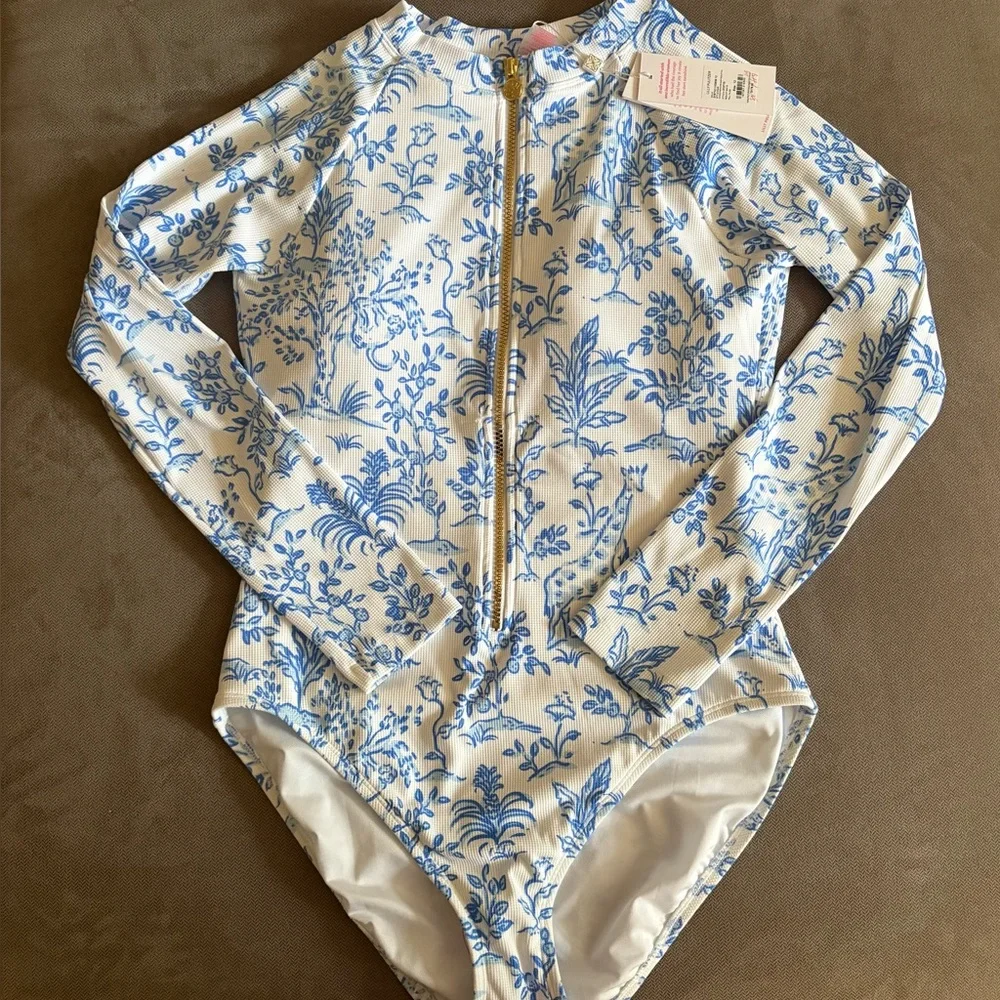 EUC Lilly Pulitzer Blue and White “Tall Tales” Rashguard Swimsuit - Picture 2 of 7